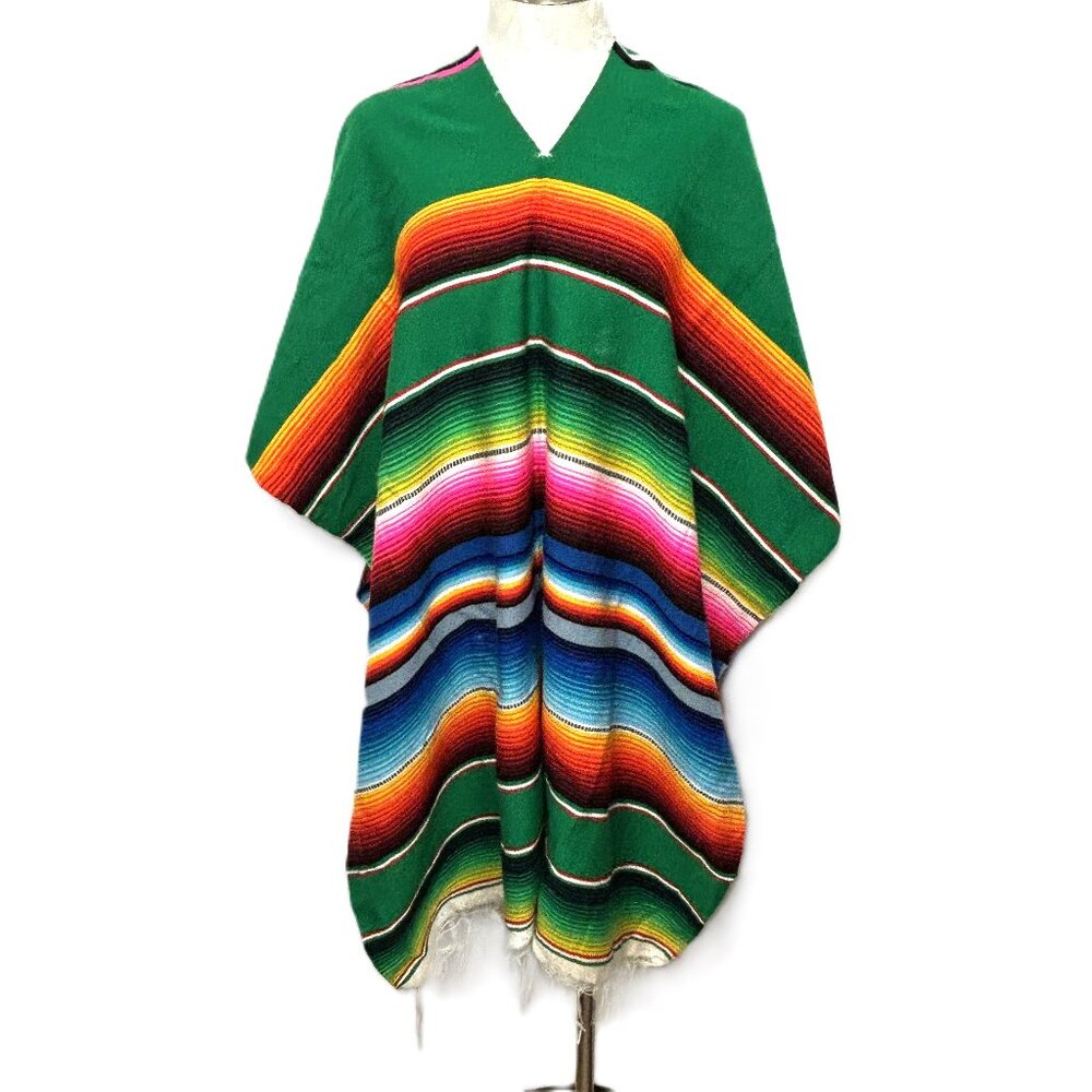 Source Unknown Green Multi-Color Mexican Serape Poncho
